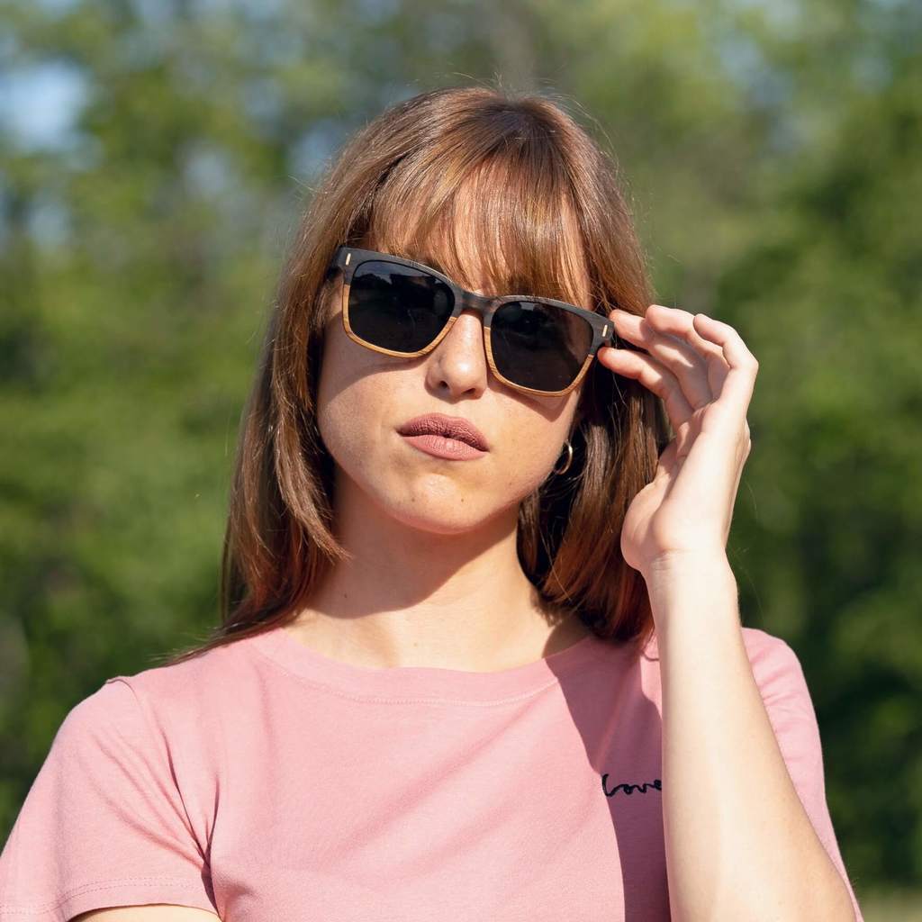 Woman wearing Oxford, Square Ebony Wood Sunglasses