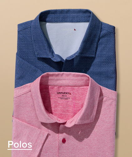 Two collared polo shirts, one blue and one pink, stacked on a beige background.