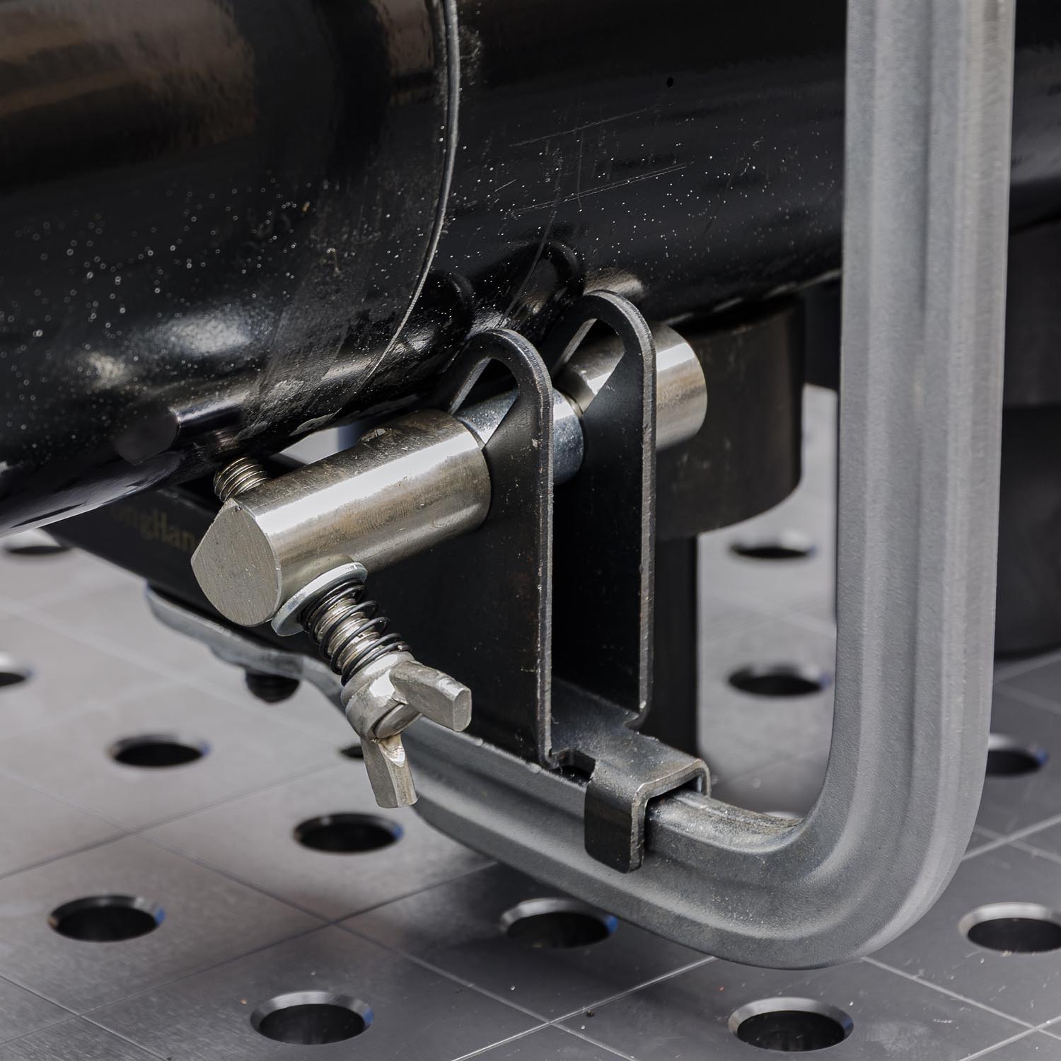 Close-up of a mechanical assembly with metal and plastic components.
