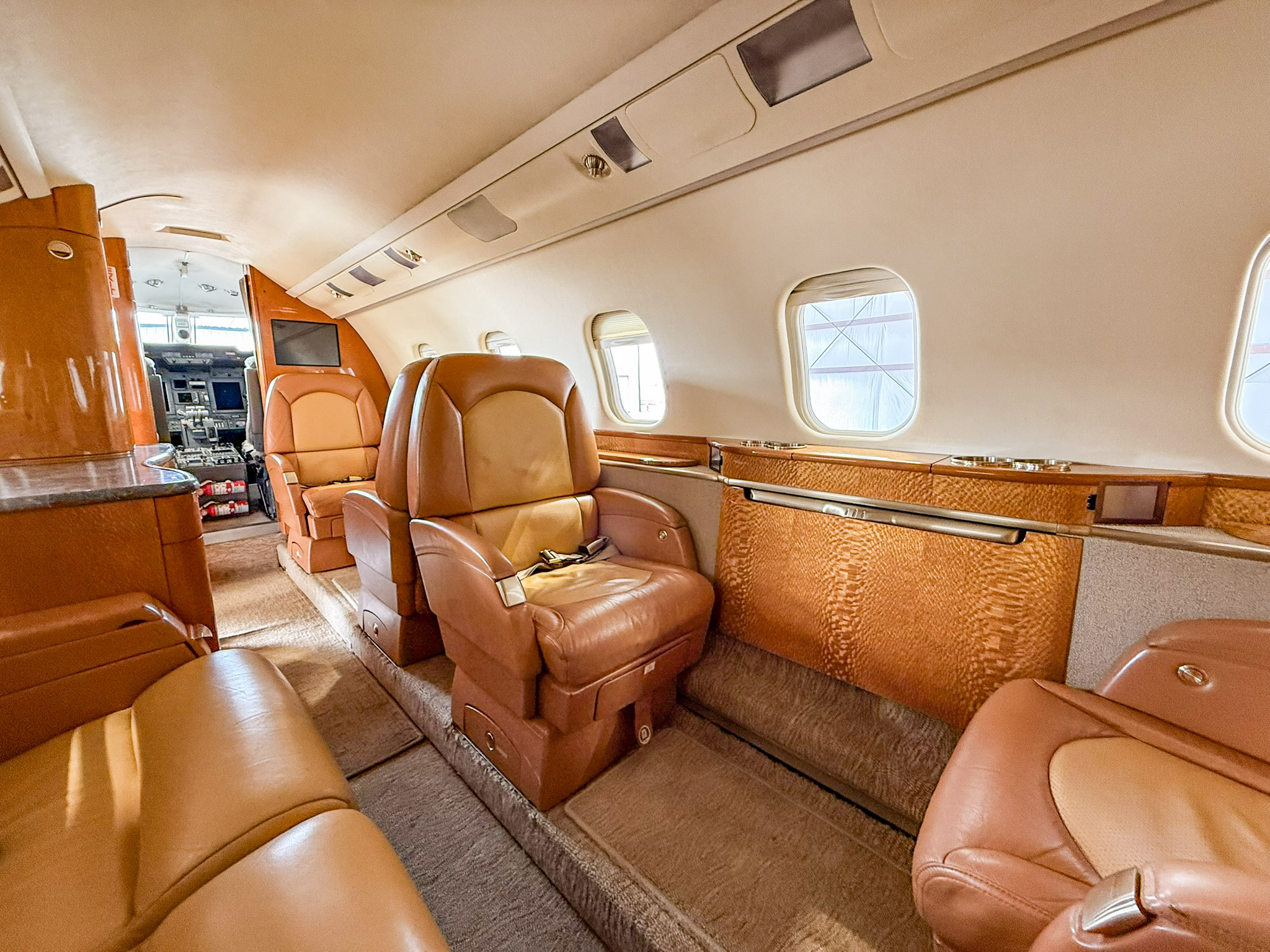 Interior of a luxury private jet with leather seating.