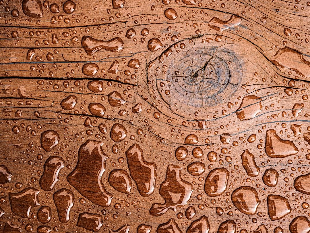 Water droplets on a textured wooden surface