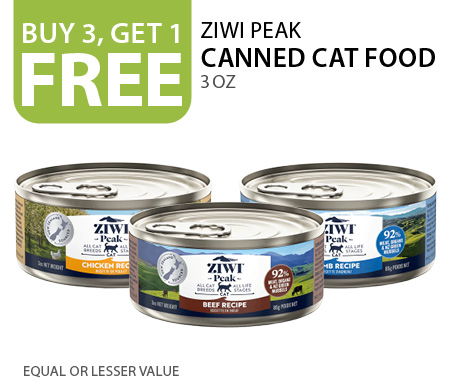 Buy 3, get 1 free ZIWI Peak canned cat food 3 oz. Equal or lesser value
