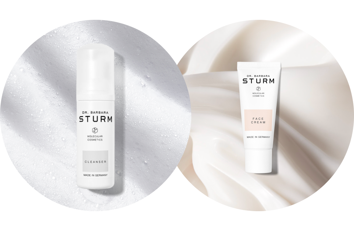 Two skincare products on textured backgrounds.