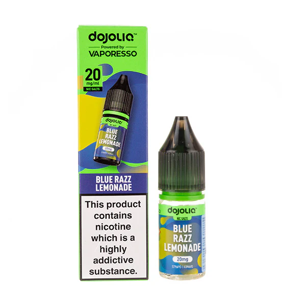Bottle of Blue Razz Lemonade vape juice with warning label.