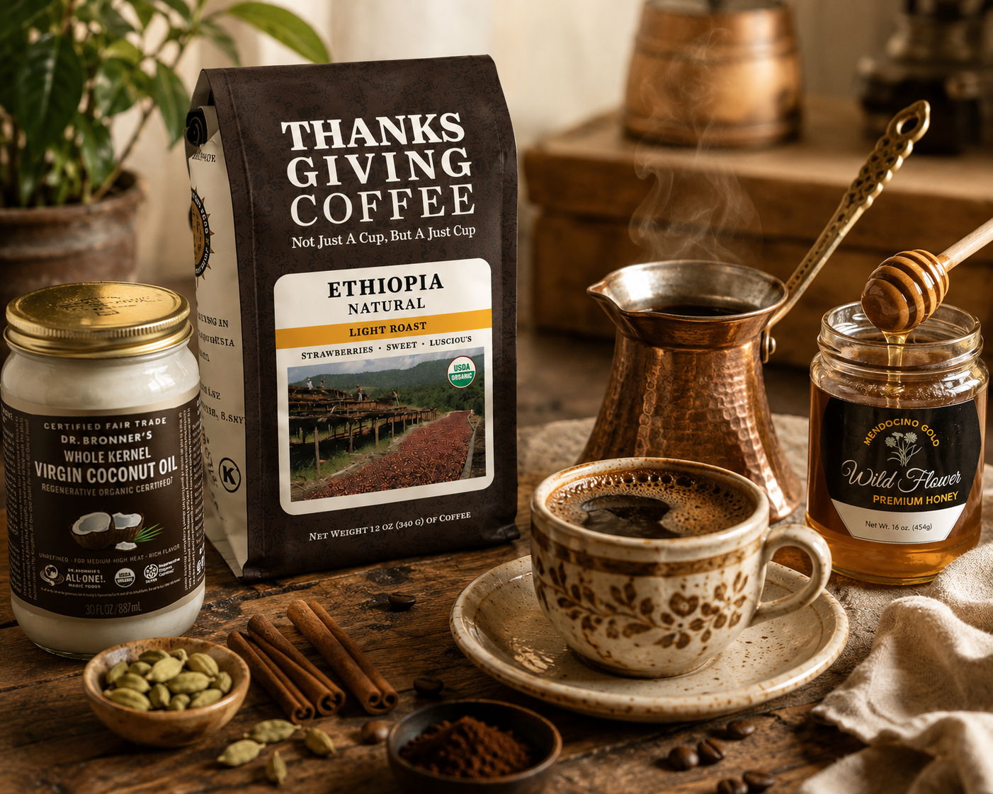 A coffee setup with beans, a cup, honey, and spices.