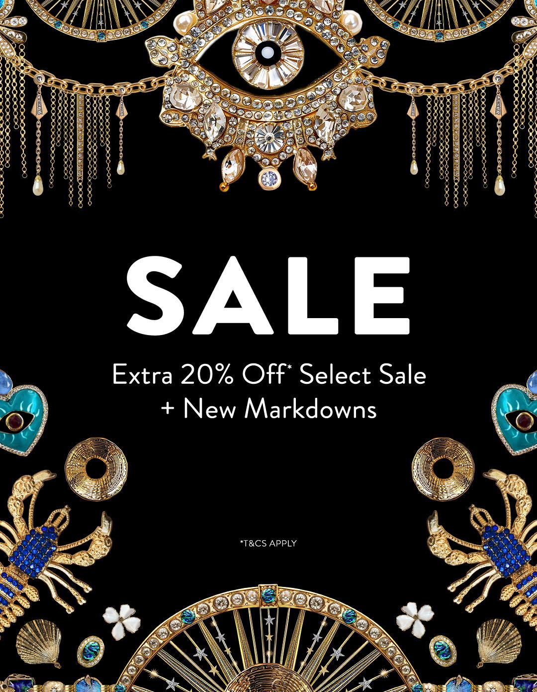 Text promoting a sale with discounts and new markdowns, decorated with ornate designs.
