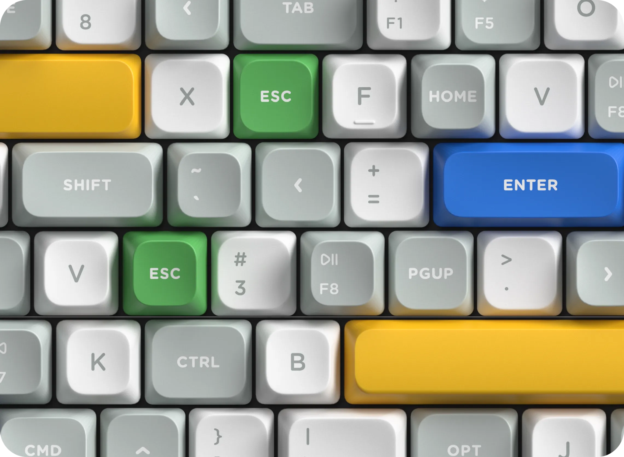 Durable double-shot PBT keycaps resist shine and wear