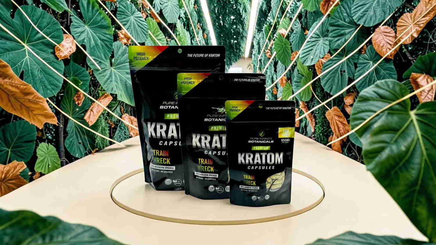 Three kratom product packages on a wooden table with green leaves background.