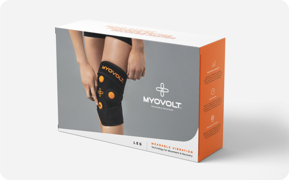 Myovolt vibration therapy knee brace for fast relief of muscle pain  in legs.