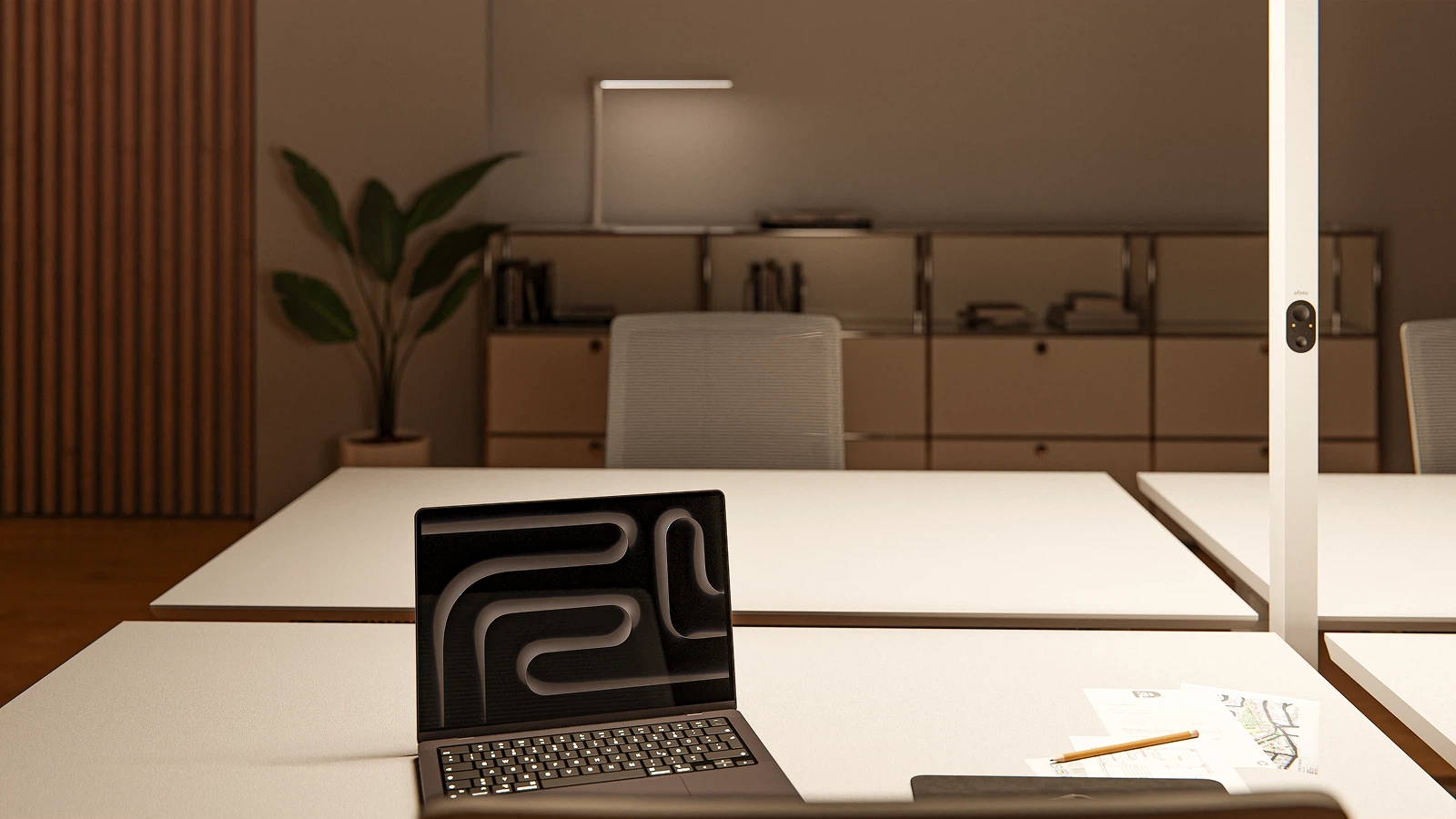 The modern " Lumino Pro" floor lamp by ofinto perfectly balances the light in the room through indirect lighting.