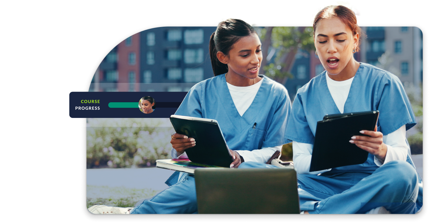 Two healthcare professionals reviewing information on tablets outdoors.