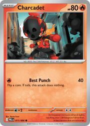 Charcadet Pokémon card with HP, attack details, and artwork.