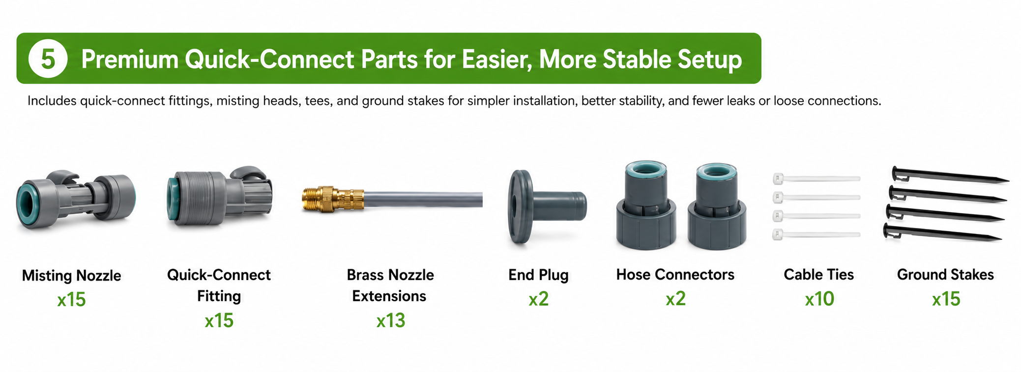 Premium quick-connect parts for easier, more stable setup.
