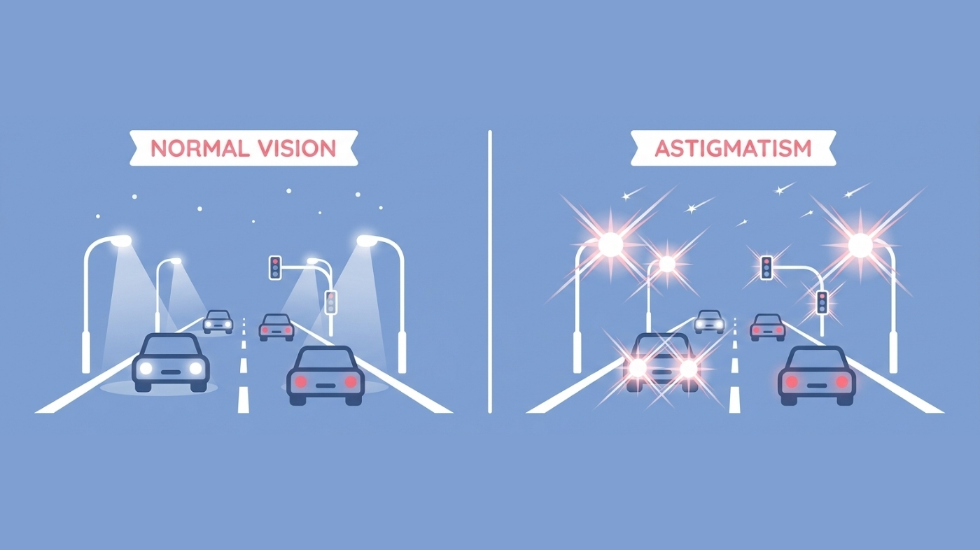 Diagram comparing normal night vision to night vision with astigmatism, showing halo and starburst effects around streetlights and headlights