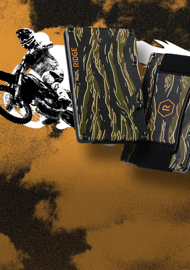 Motorcycle-themed wallet design with camouflage pattern and rider silhouette.