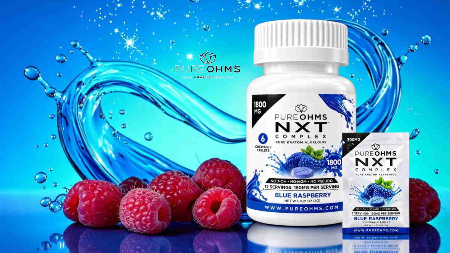 NXT supplement bottle with raspberries and water splash on a blue background.