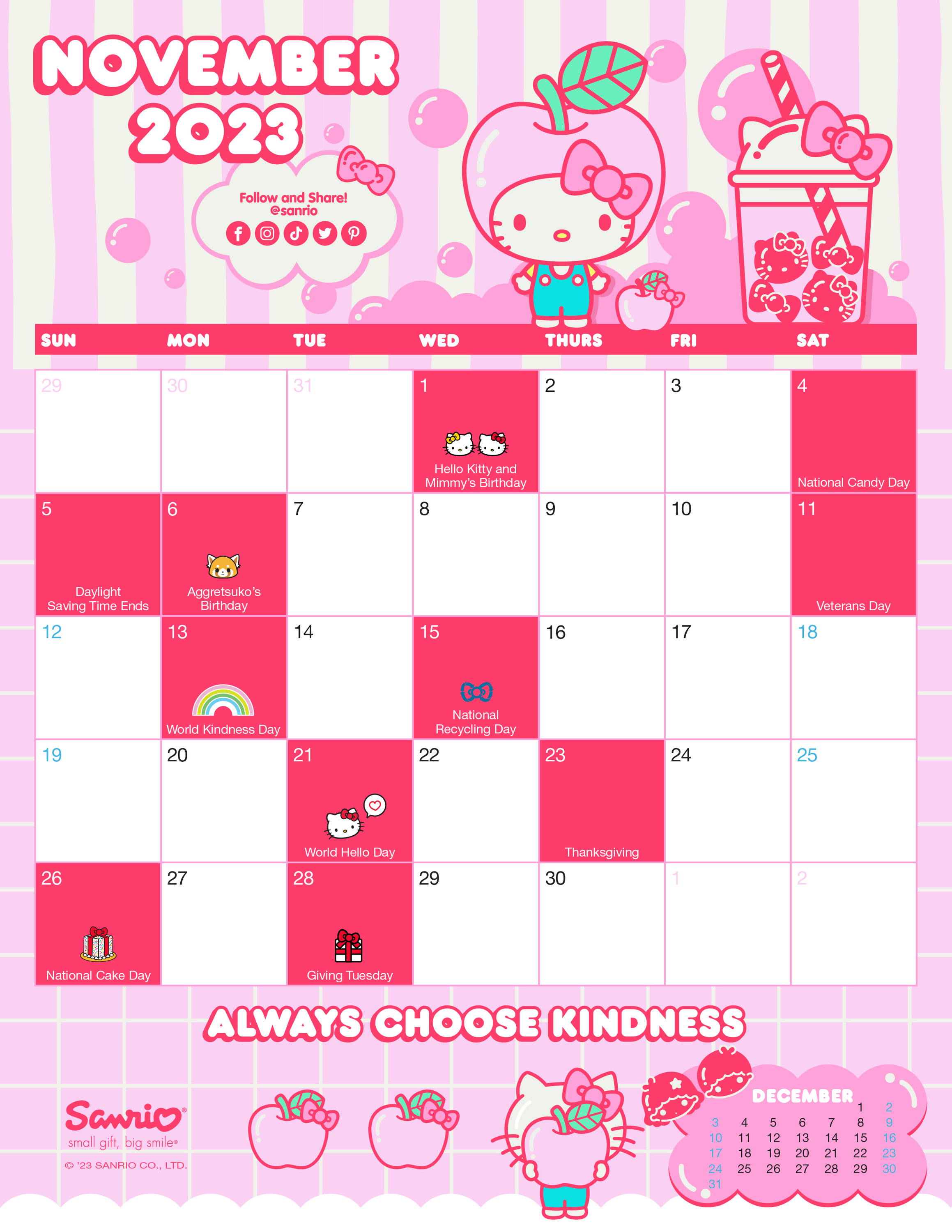 Sanrio Friend of the Month November 2023  Calendar featuring Hello Kitty.