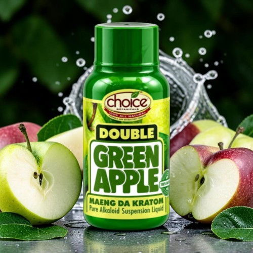Bottle of Double Green Apple liquid surrounded by fresh green apples.