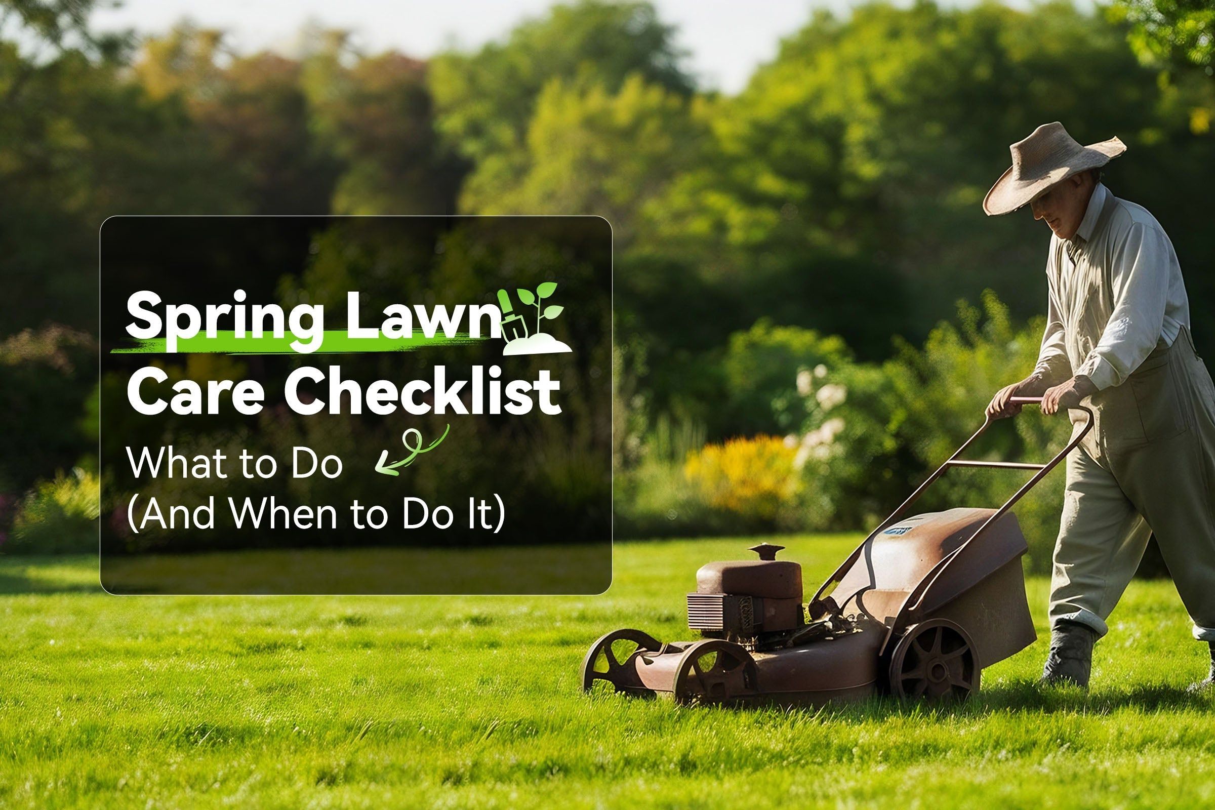 Person using a mower on a lawn with a care checklist.
