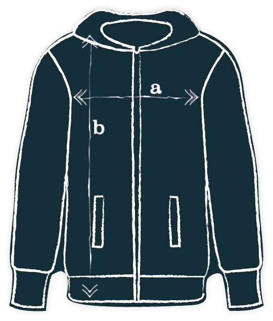 Illustration of a hoodie with measurement labels a and b.
