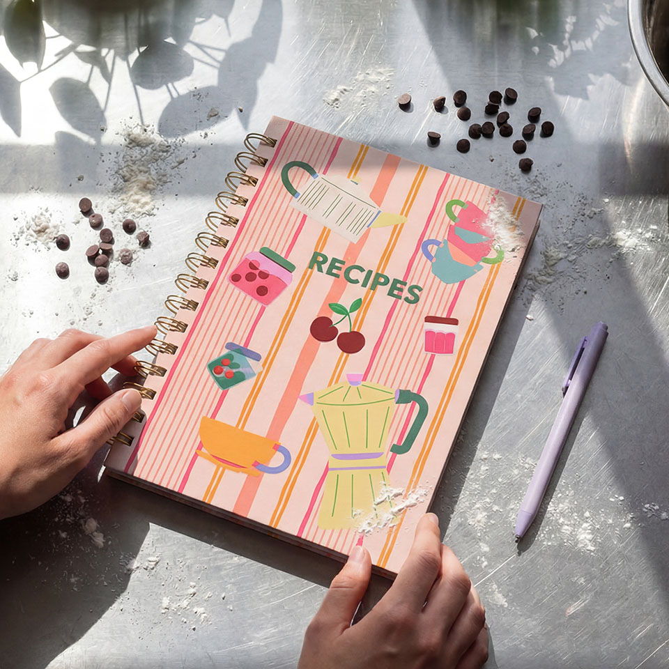 A hands holding a colorful recipe notebook on a light surface.