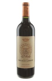 A bottle of red wine with a label reading 