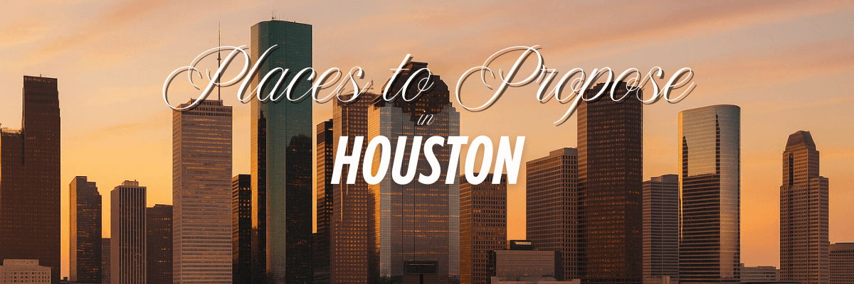 Houston skyline at sunset with ‘Places to Propose in Houston’ text overlay