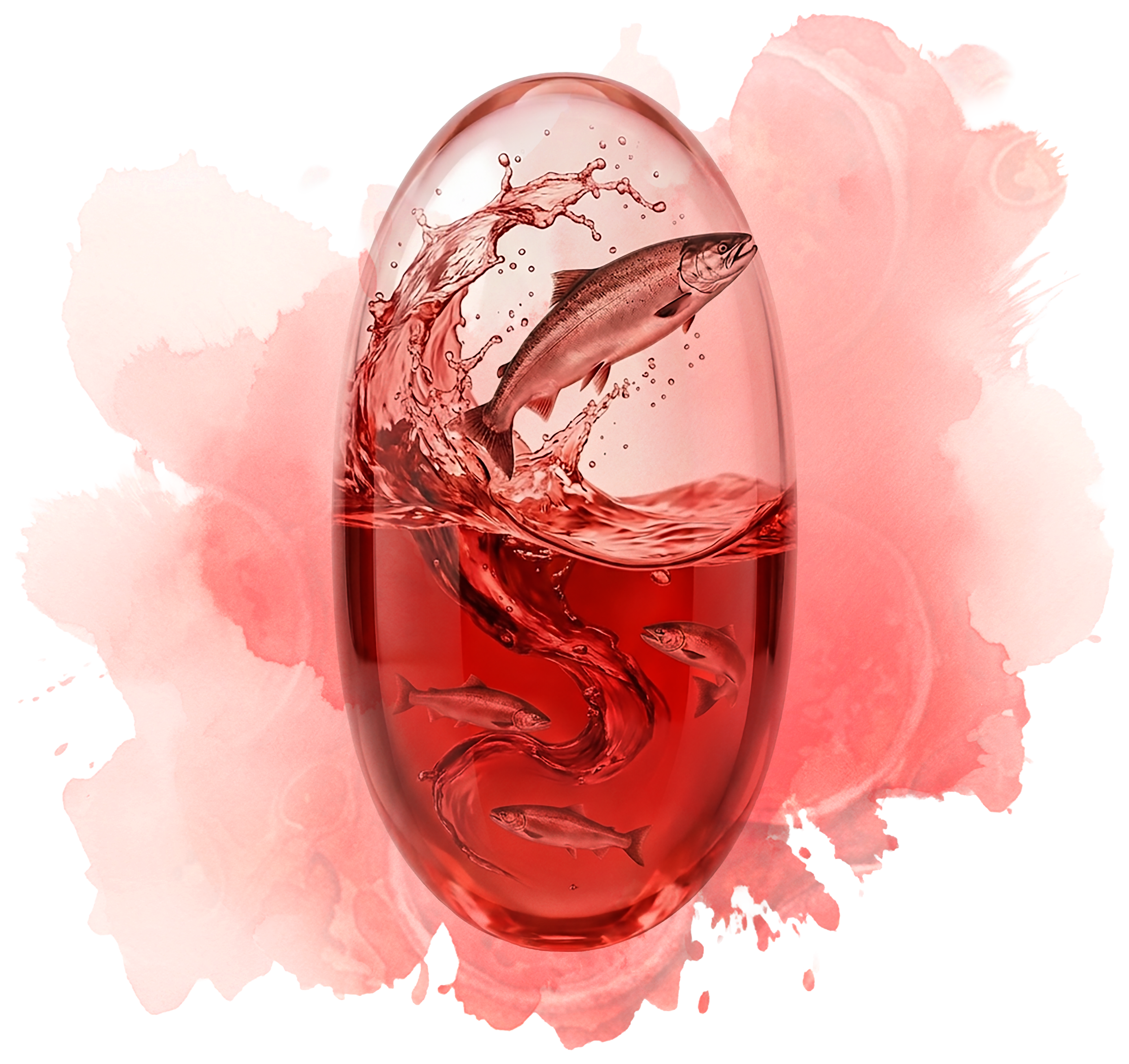 Red capsule with fish and liquid splashes, set against a soft background.