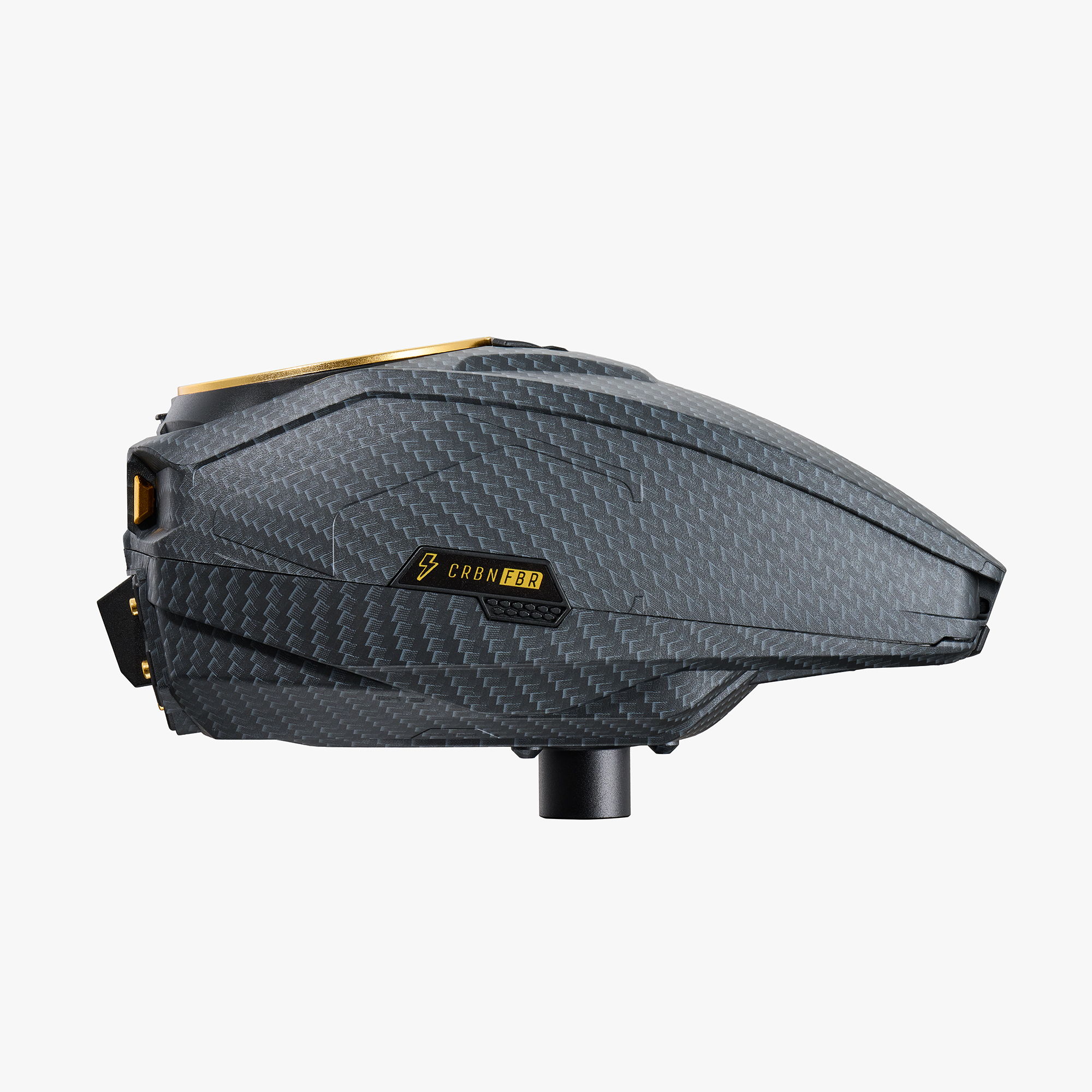 Side view of a sleek, modern, black and gold paintball loader.