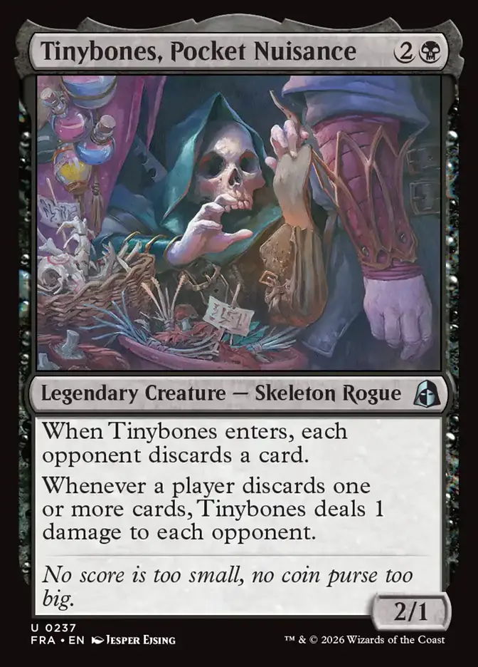 mtg reality fracture cards - featuring Tinybones, a legendary skeleton rogue in a fantasy setting.