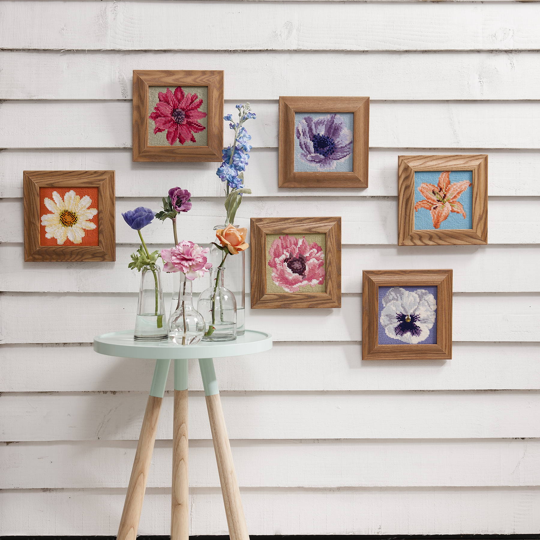 Blooms mini needlepoint kits stitched and framed
