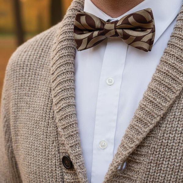 Man wearing a brown link pattern bow tie with a white dress shirt and fall sweater
