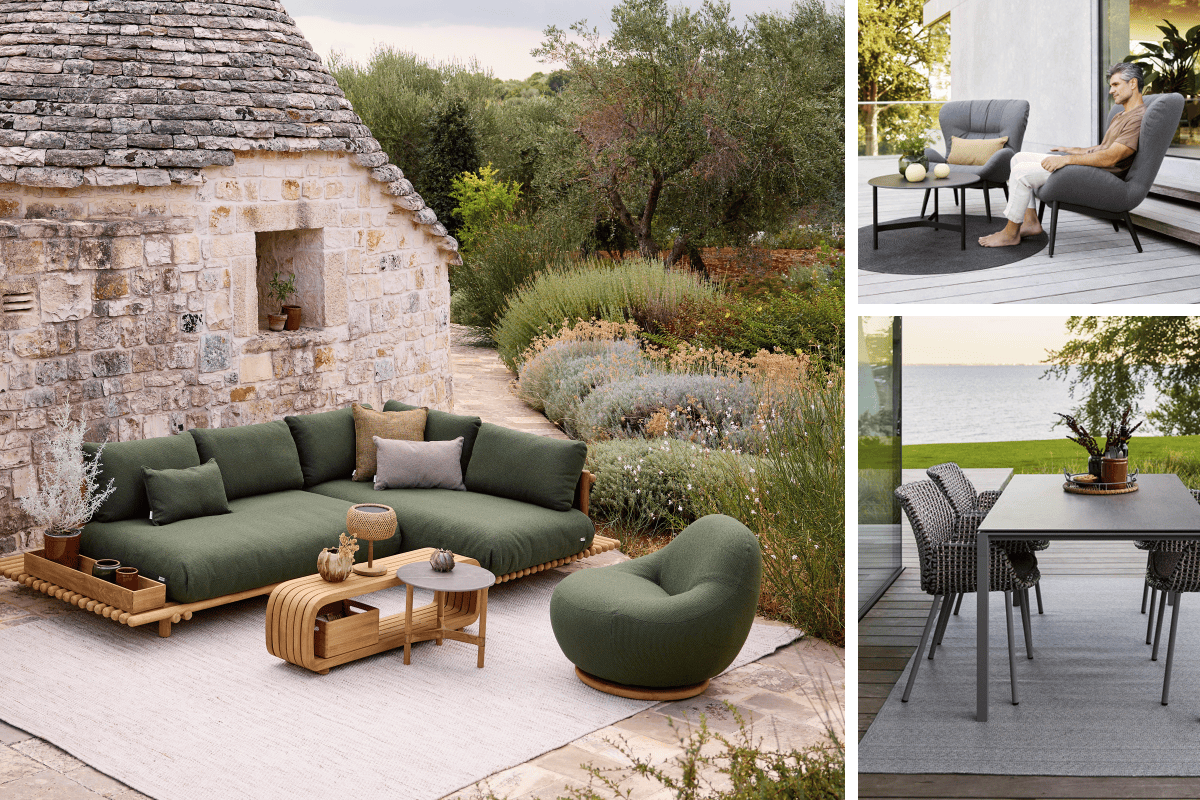 Collection of outdoor spaces showing different patio rug sizes for lounge areas, accent seating, and outdoor dining setups, illustrating how scale changes with each furniture layout.