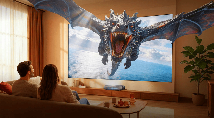 Couple watching a dragon on a large screen in a cozy living room.