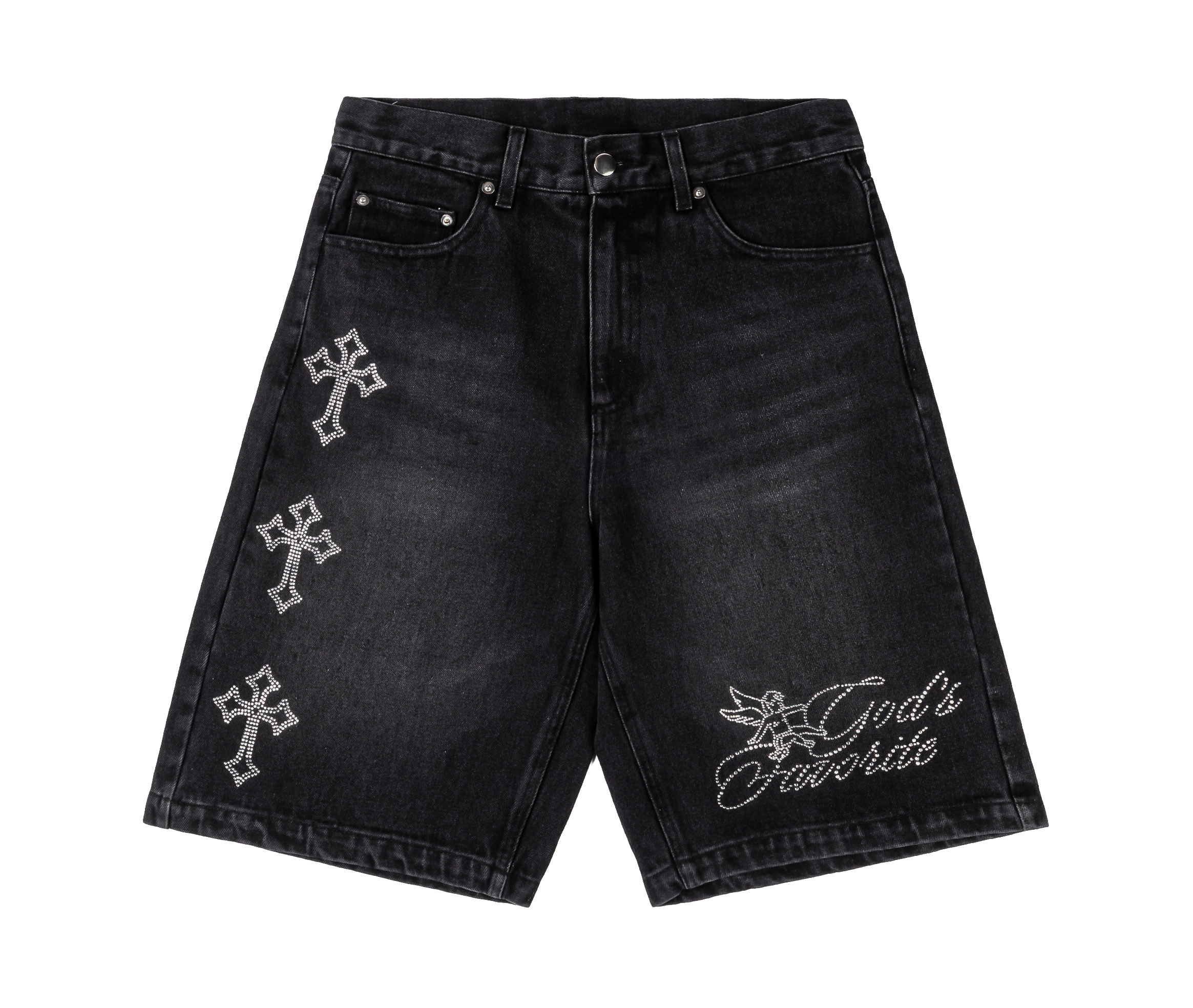 Black denim shorts with cross designs and embroidered text.