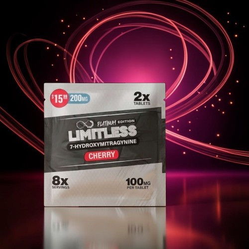 Limitless cherry flavored supplement packaging on a colorful background.