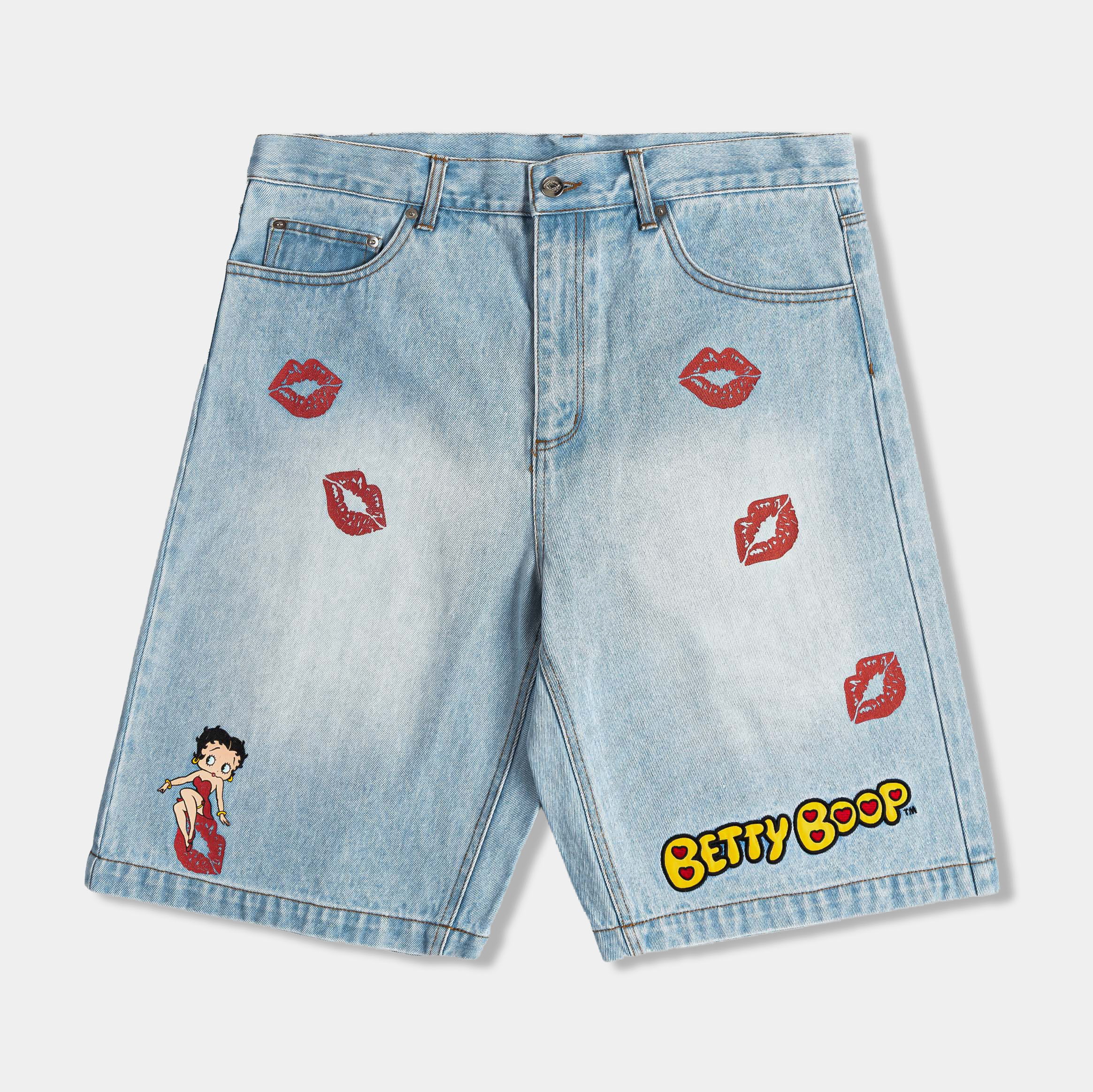 Denim shorts with Betty Boop design and red lip prints.