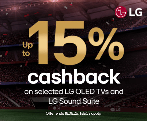 Promotion for up to 15% cashback on LG OLED TVs and Sound Suite.