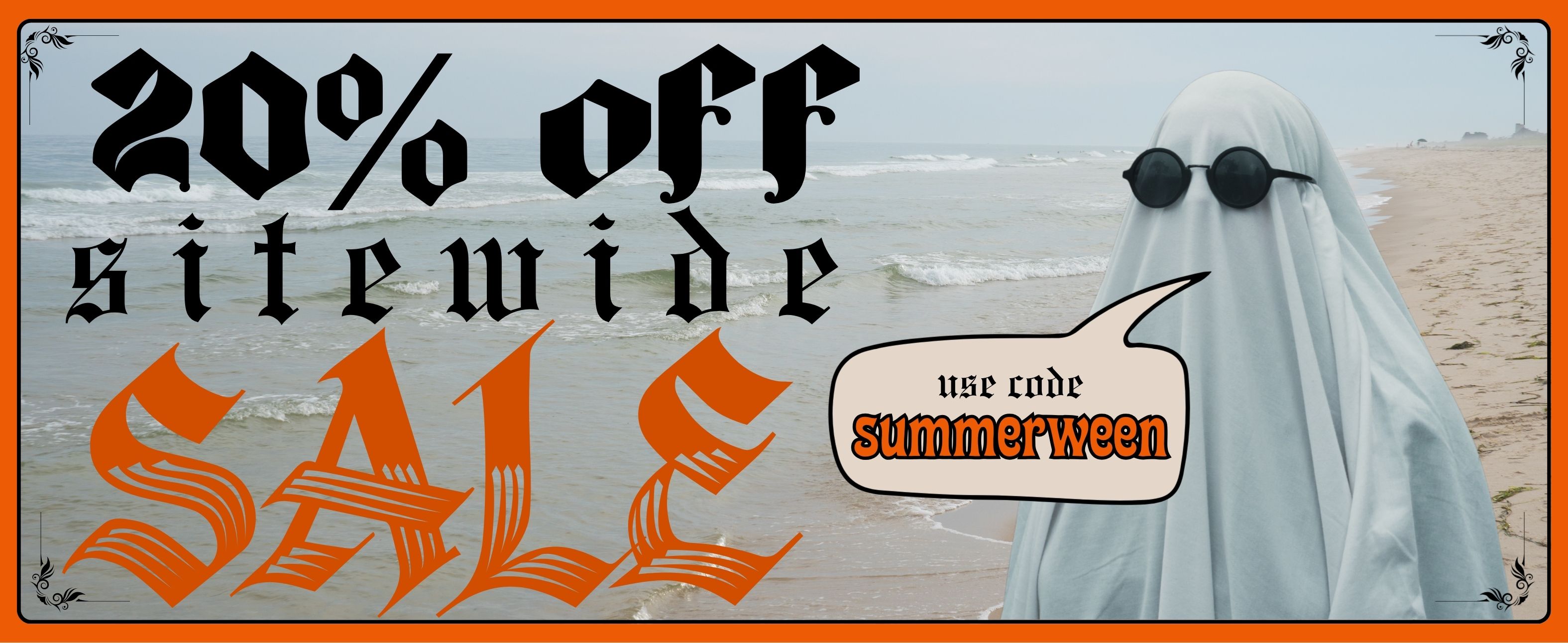 Ghost with sunglasses promoting 20% off sitewide sale.