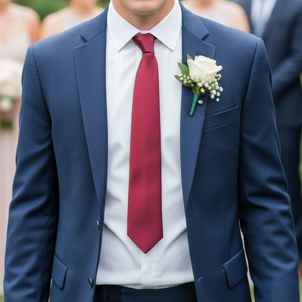 Groomsmen wearing a burgundy tie that's too short.