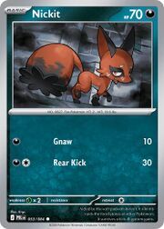 A Pokémon card featuring Nickit with attacks Gnaw and Rear Kick.