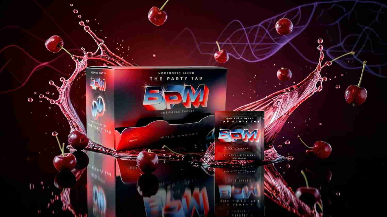 Red-themed product packaging with cherries and splashes on a reflective surface.