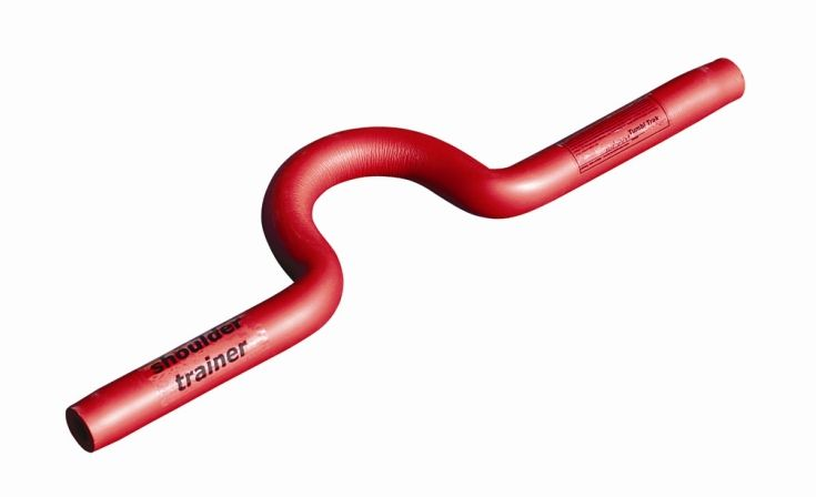 Red, bent metal pipe with text branding on each side.