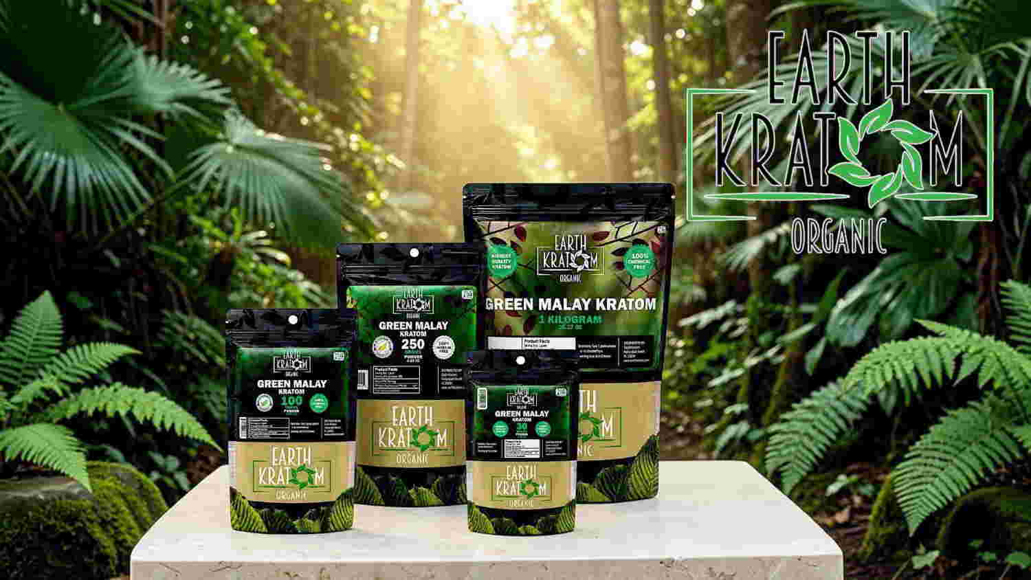 Various packaged products displayed in a lush, green jungle setting.