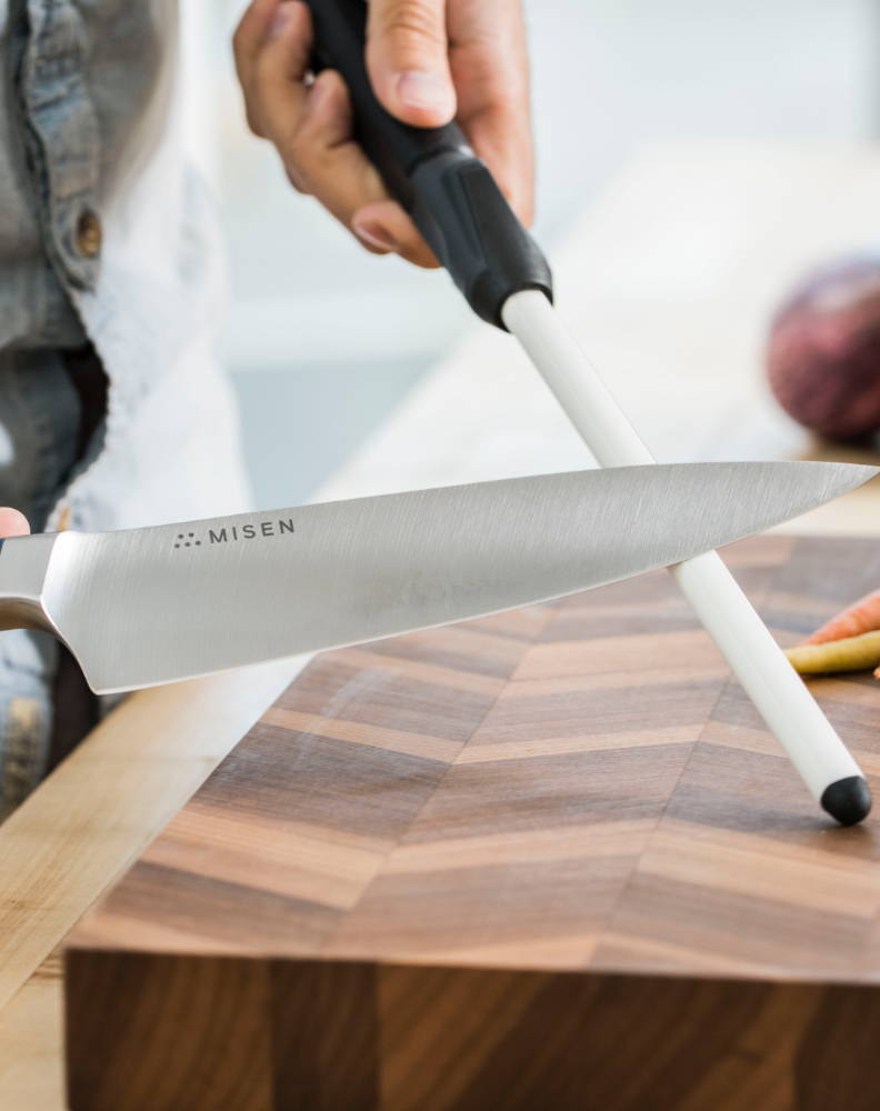 Realign the microscopic steel teeth of your Misen Short Chef's Knife with regular honing.