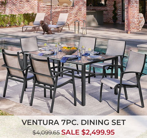 Ventura 7-piece dining set with sale price displayed by a poolside.