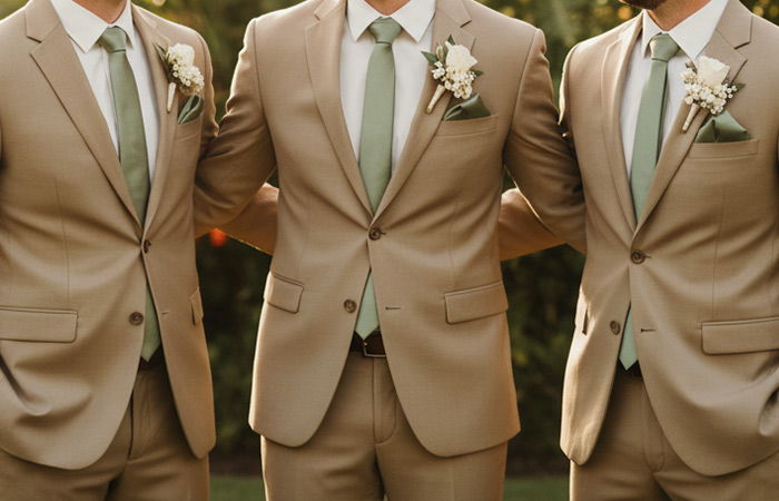 Three groomsmen wearing sage ties and tan suits