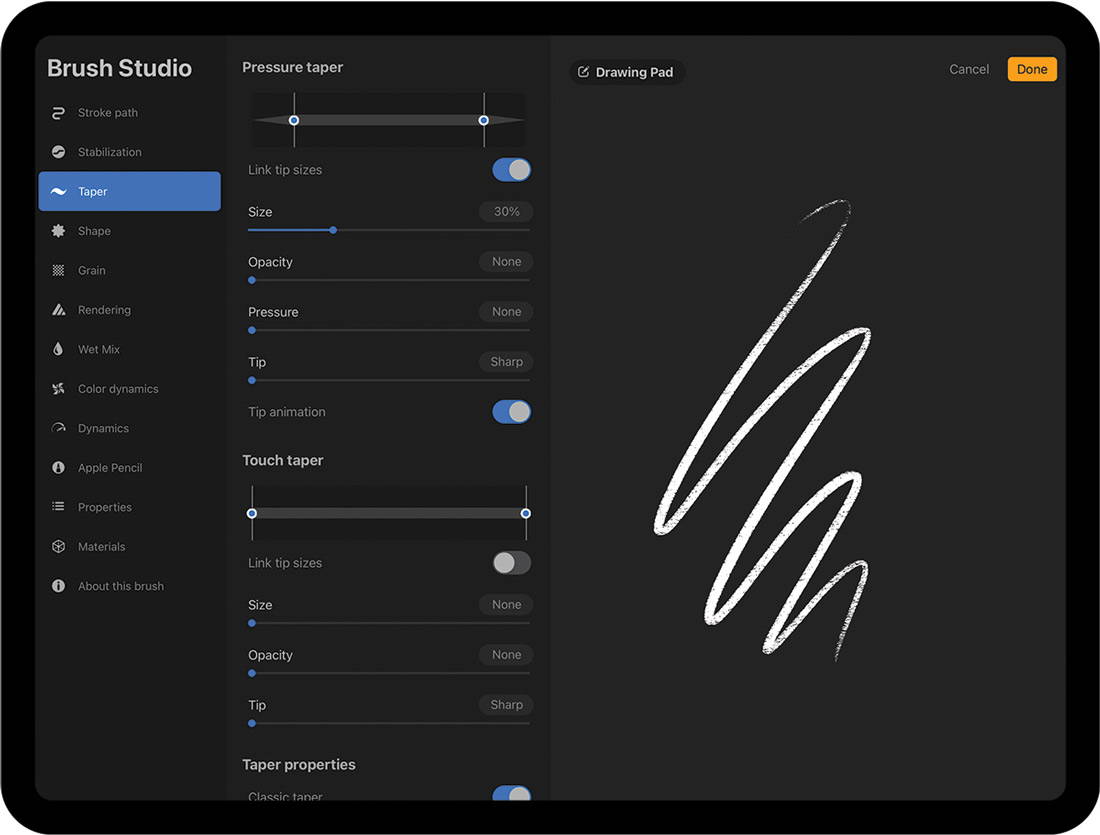 Procreate app Brush Studio with Taper menu option selected and size slider being adjusted