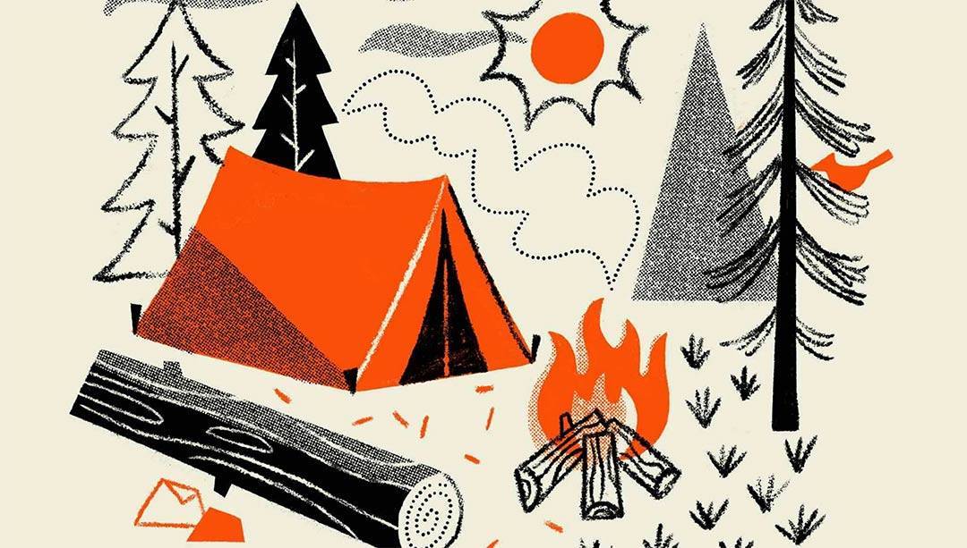 An illustration of a camping scene in red and black