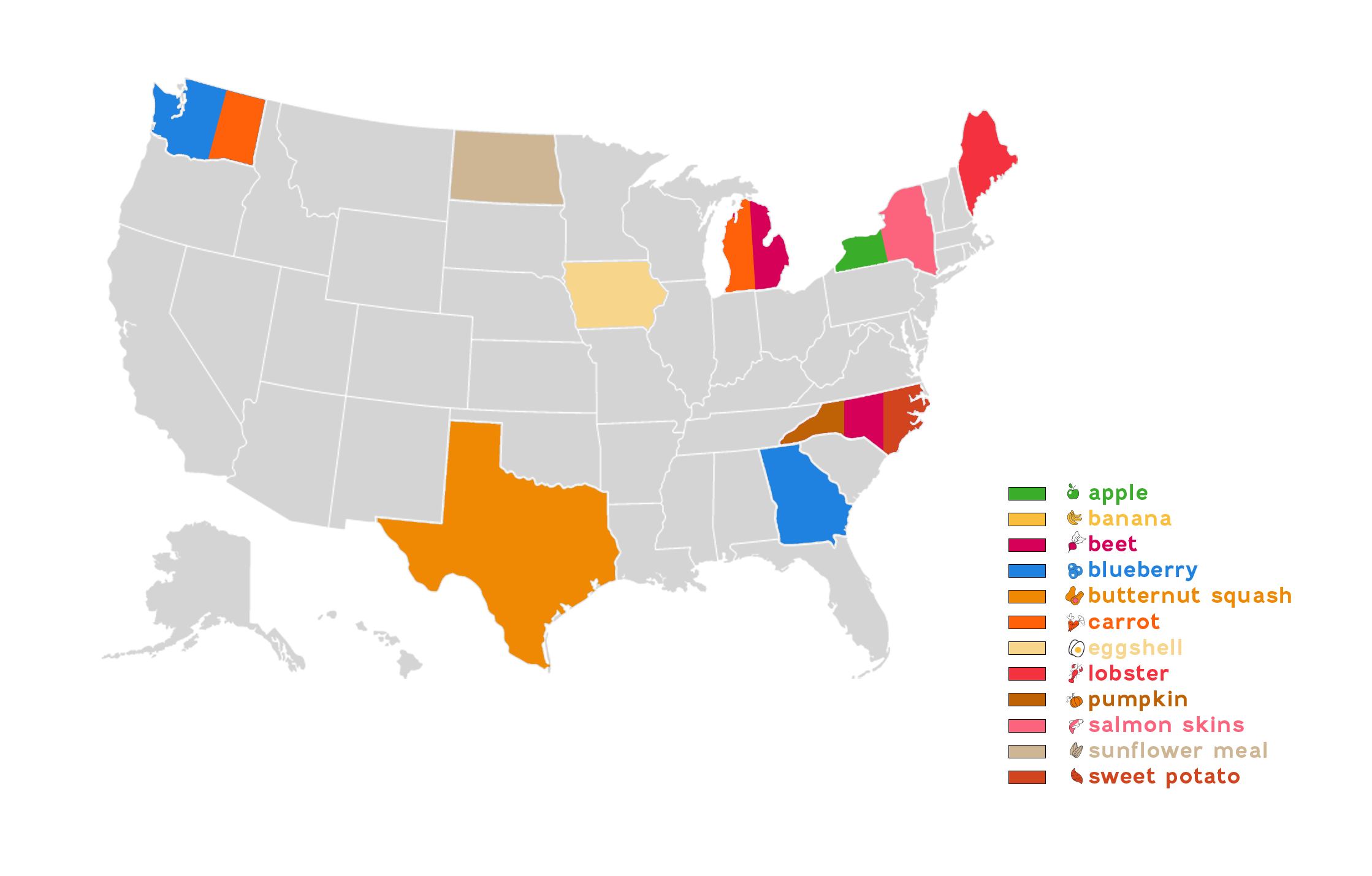 Mad in the USA map showing origin states of upcycled apples bananas beet blueberry butternut squash carrot eggshell lobster pumpkin samlon skin sunflower meal and sweet potatos